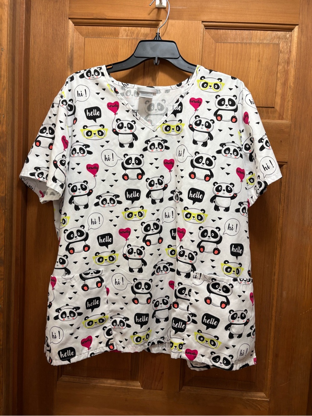 Scrubstar White Panda Print Nursing Scrub Top with Pink & Yellow Accents